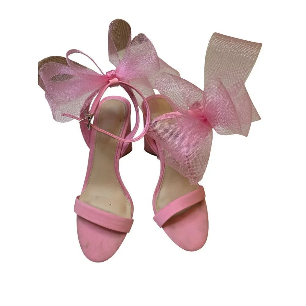 Pink Heeled Sandals With Large Tulle Bow Accent & Adjustable‎ Ankle Strap - Picture 15 of 16